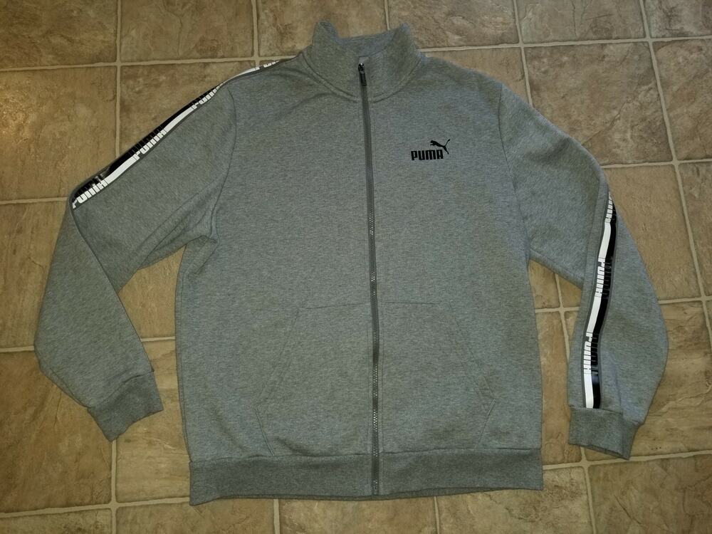 Puma men sz L Sweatshirt full zip Jacket gray logo down sleeves 2035